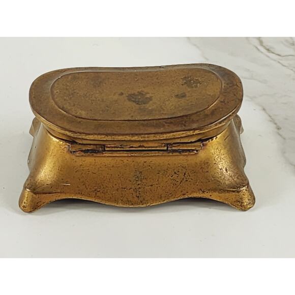 Rare Gold Brass Mini Trinket Coffin Chest Stamp Box 3 1/4" Home Art Decor Vtg - Picture 5 of 14